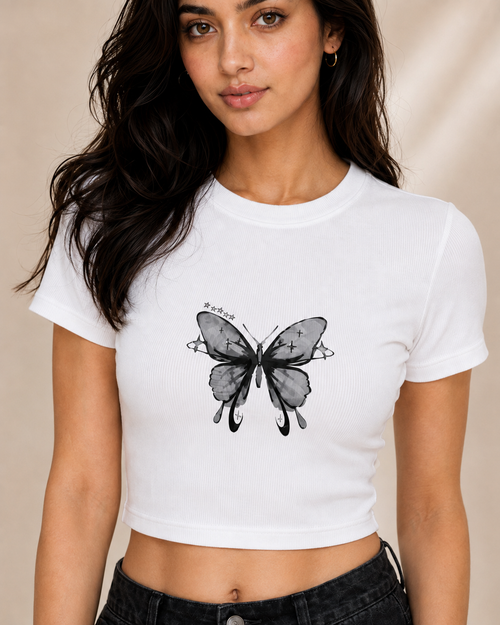BUTTERFLY DREAM WOMEN'S CROP TOP - WHITE | ONLYN