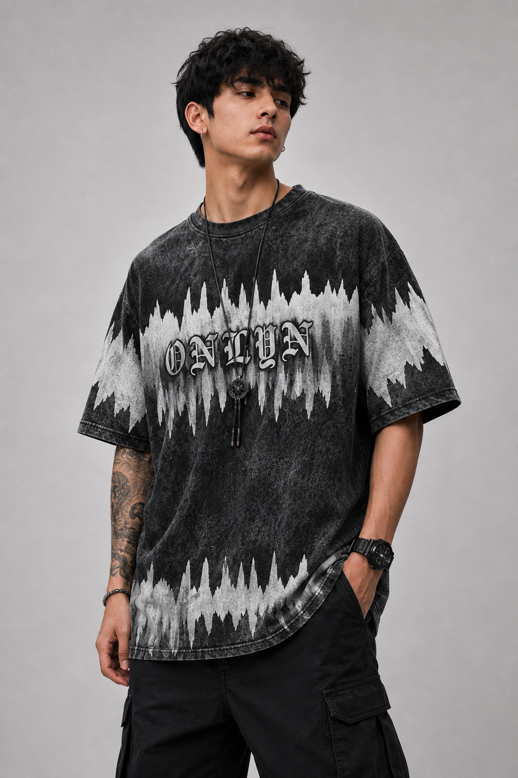 DARK FREQUENCY ACID WASH OVERSIZED T-SHIRT - BLACK | ONLYN