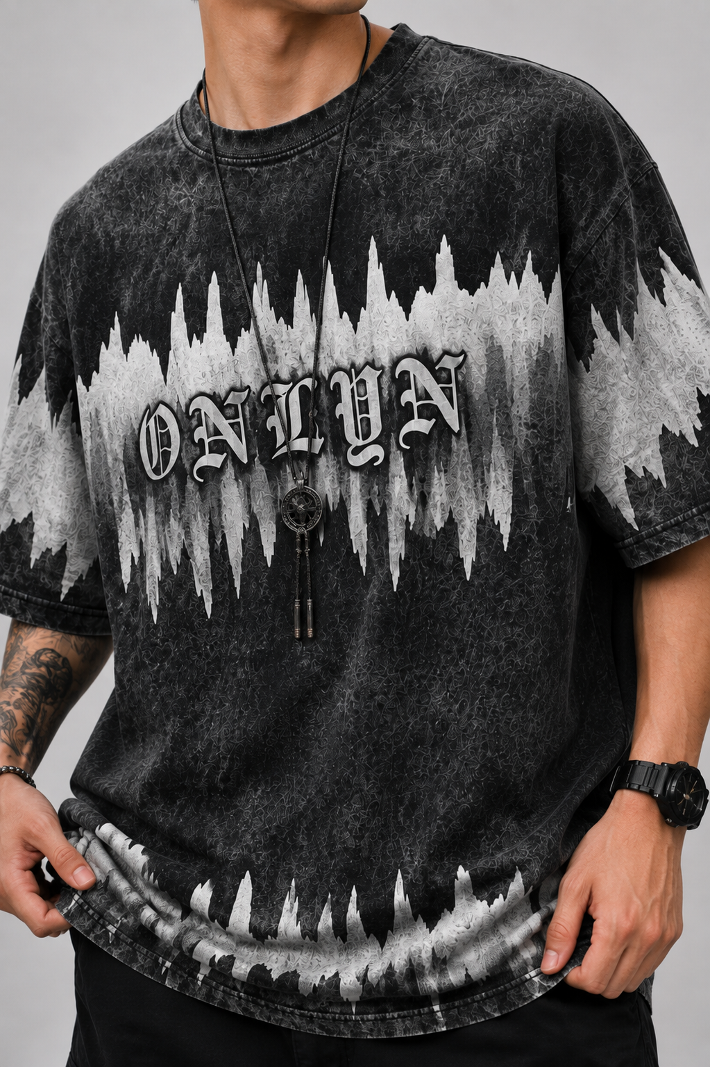 DARK FREQUENCY ACID WASH OVERSIZED T-SHIRT - BLACK | ONLYN