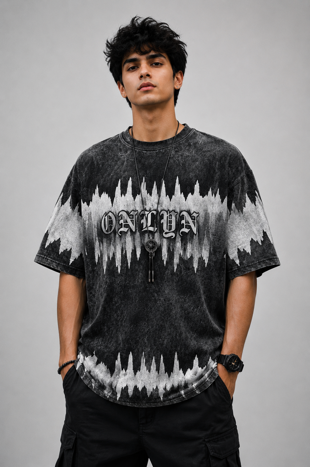 DARK FREQUENCY ACID WASH OVERSIZED T-SHIRT - BLACK | ONLYN