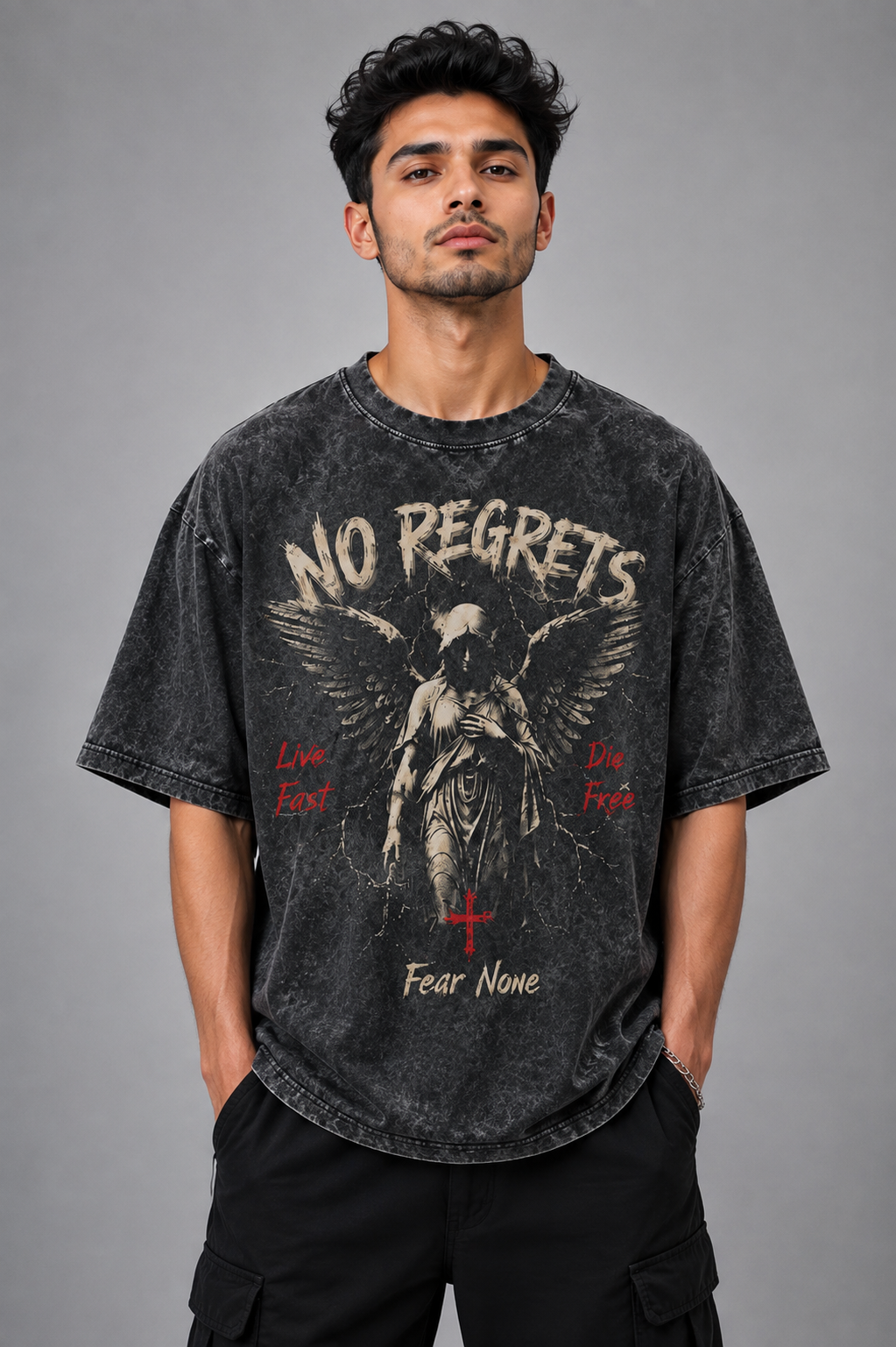 NO REGRETS — BLACK ACID WASH OVERSIZED GRAPHIC T-SHIRT| ONLYN