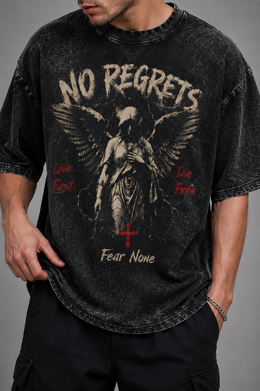 NO REGRETS — BLACK ACID WASH OVERSIZED GRAPHIC T-SHIRT| ONLYN