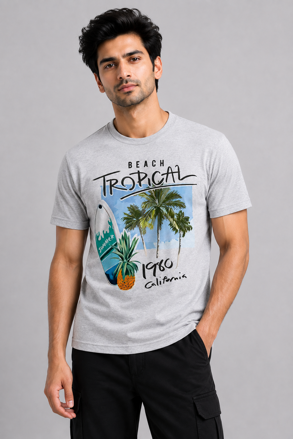TROPICAL 1960 GREY REGULAR FIT PRINTED T-SHIRT | ONLYN