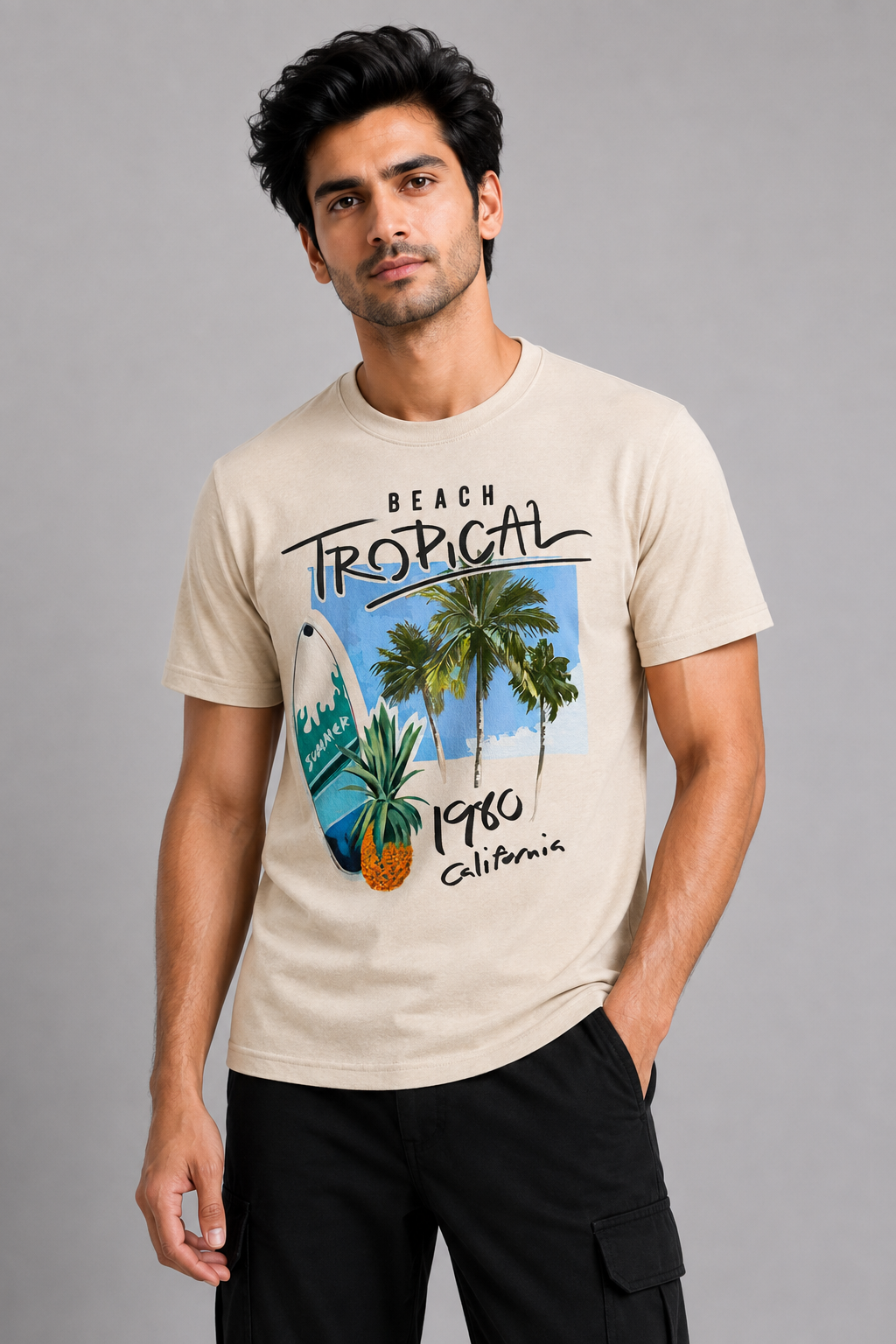 TROPICAL 1960 BEIGE REGULAR FIT PRINTED T-SHIRT | ONLYN