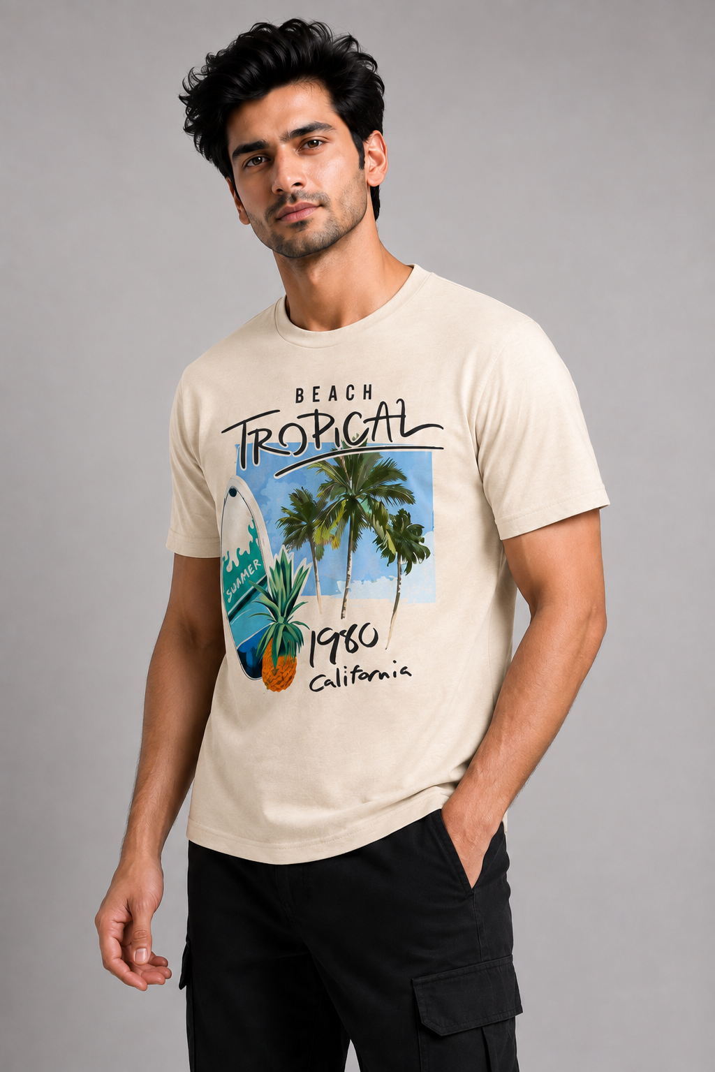 TROPICAL 1960 BEIGE REGULAR FIT PRINTED T-SHIRT | ONLYN