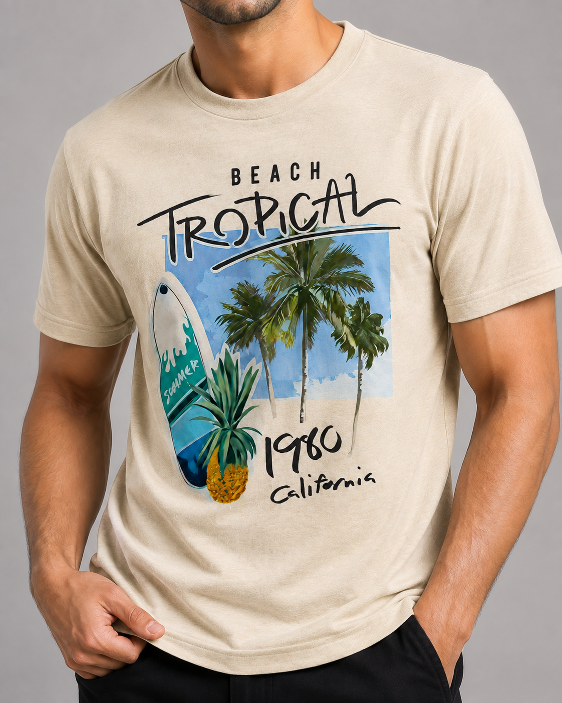 TROPICAL 1960 BEIGE REGULAR FIT PRINTED T-SHIRT | ONLYN